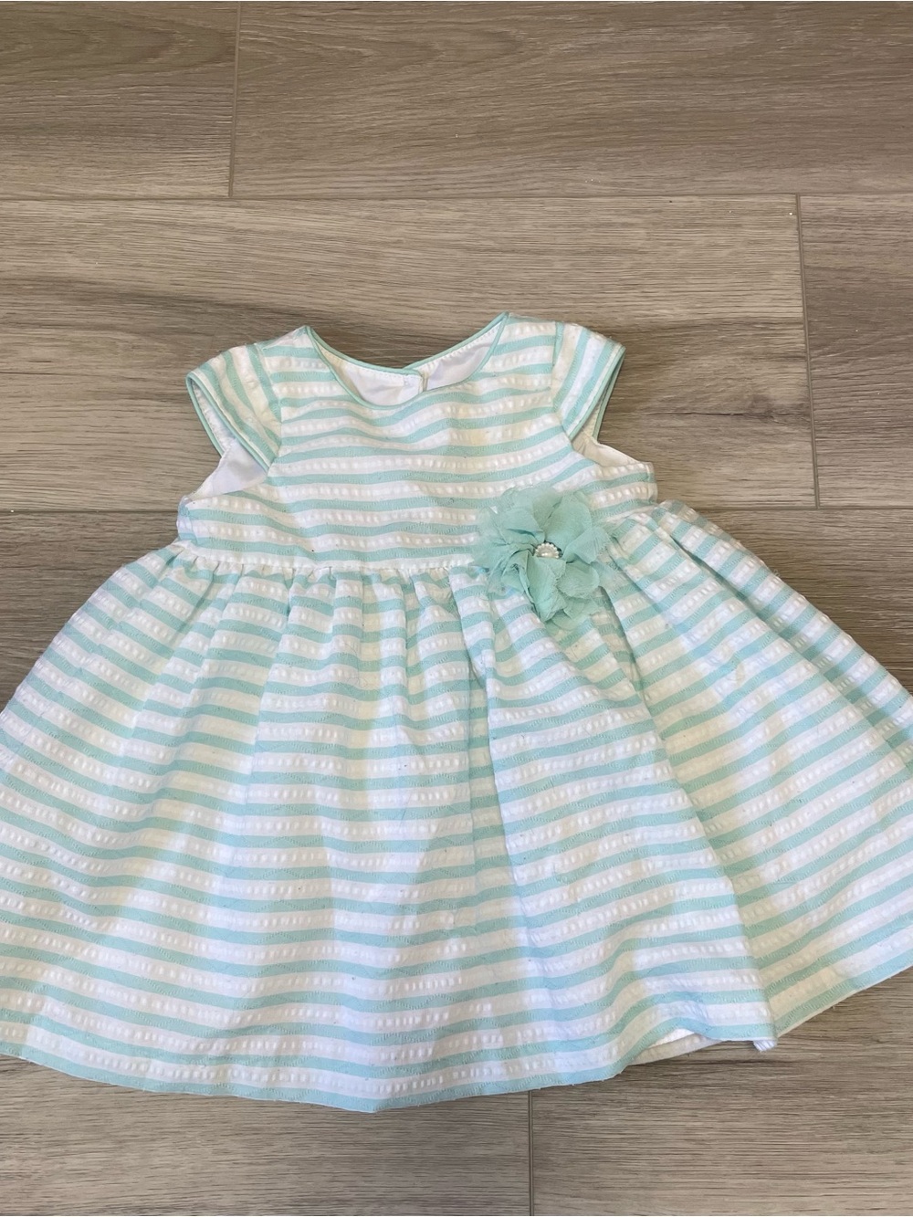 Marmellata Blue & White Striped Party Dress with Floral Waist Accent